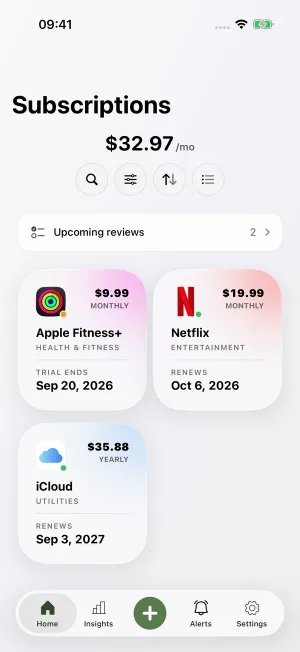 Tenny showing subscription costs and upcoming renewals